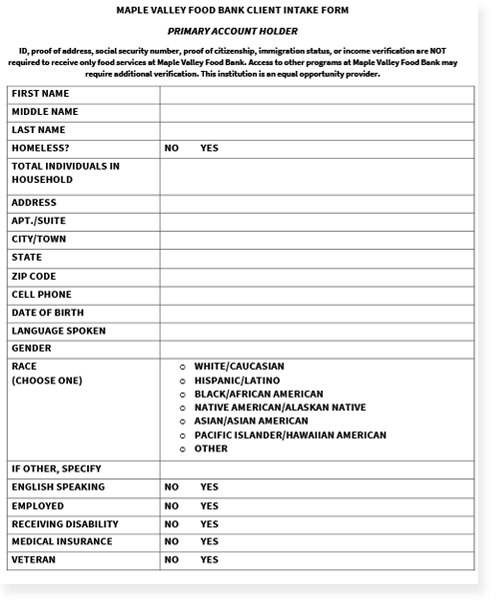 Main Client First Visit Intake Form – Maple Valley Food Bank
